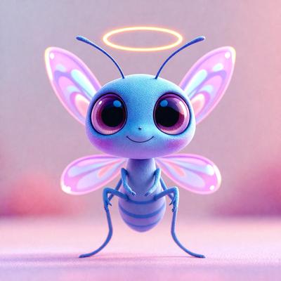 The primary subject of the image is a small, colorful butterfly figurine. The setting is a white background, which provides a clean and minimalistic look. The visual style is a digital art or illustration, as the butterfly is depicted with a vibrant color palette and a detailed design. The colors and mood of the image are cheerful and lively, as the butterfly figurine is posed in a way that suggests it is smiling.